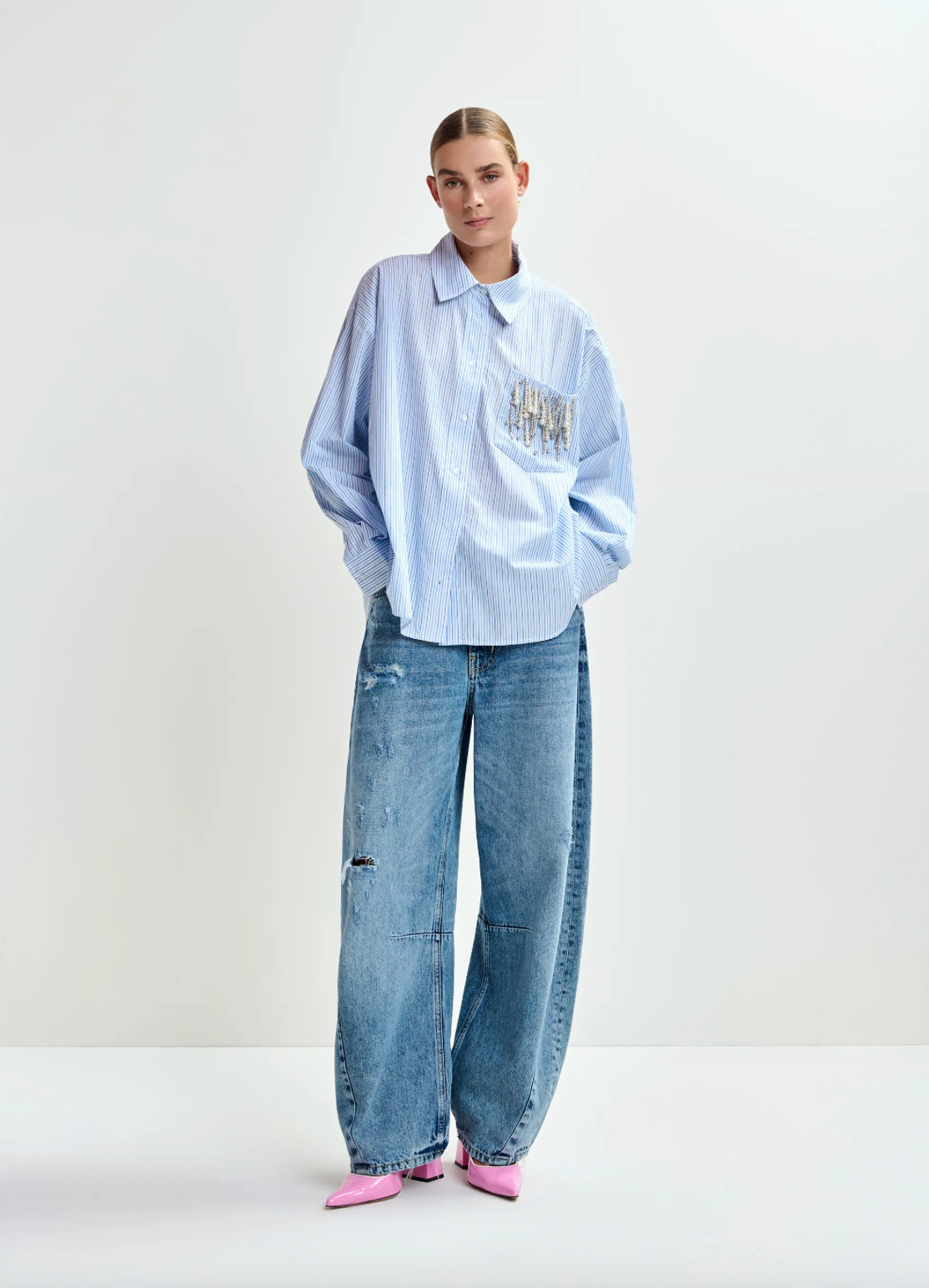 Jommeke Oversized Striped Embellished Cotton Shirt in Dark Blue/Light Blue