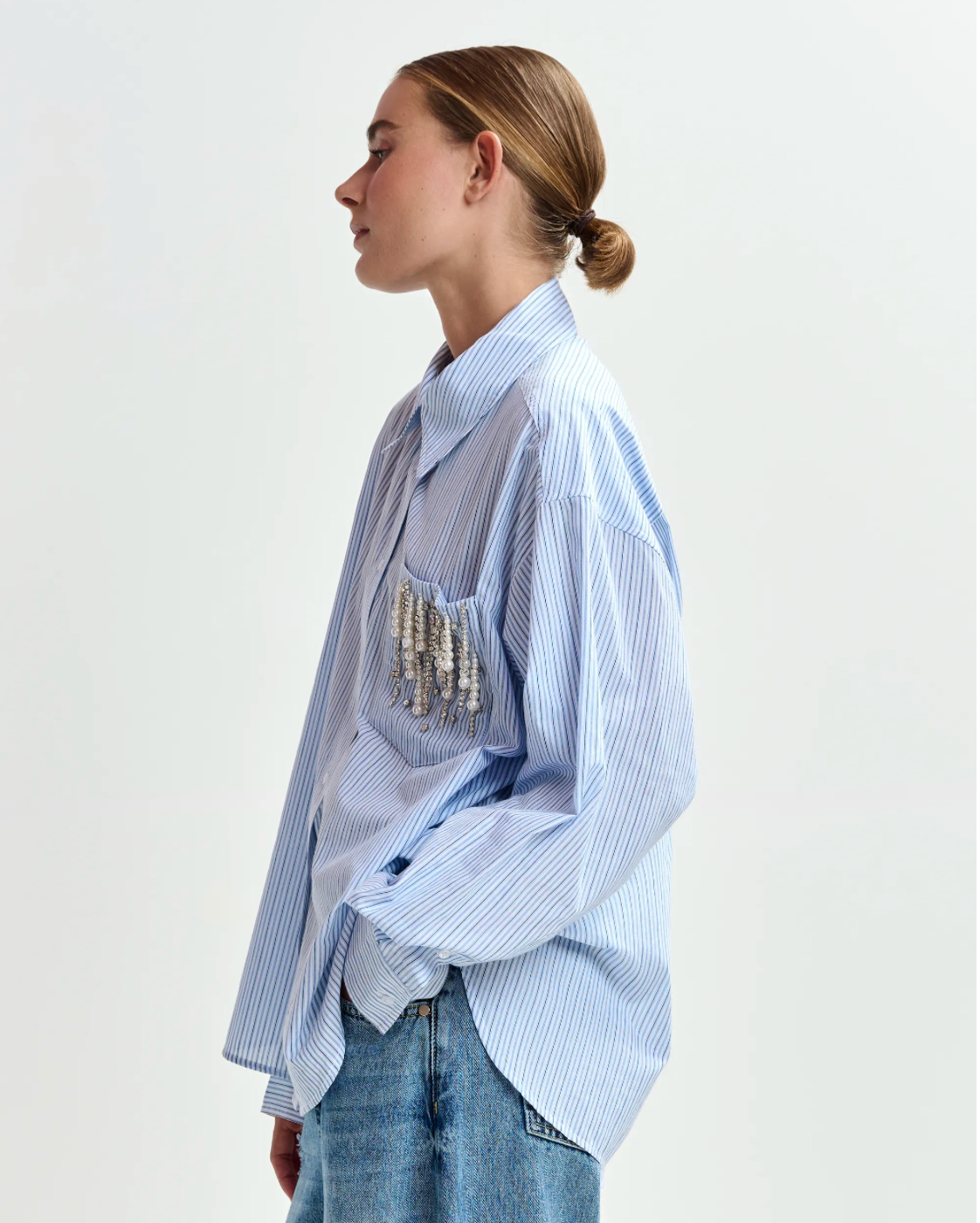 Jommeke Oversized Striped Embellished Cotton Shirt in Dark Blue/Light Blue