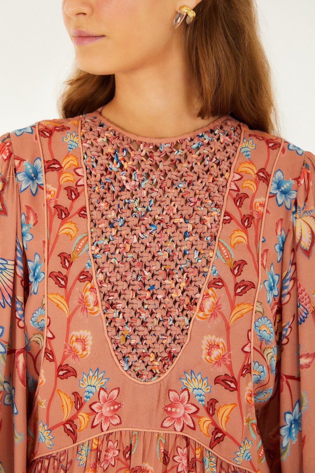 Mocha Boho Enhance Lace Long Sleeve Mini Dress