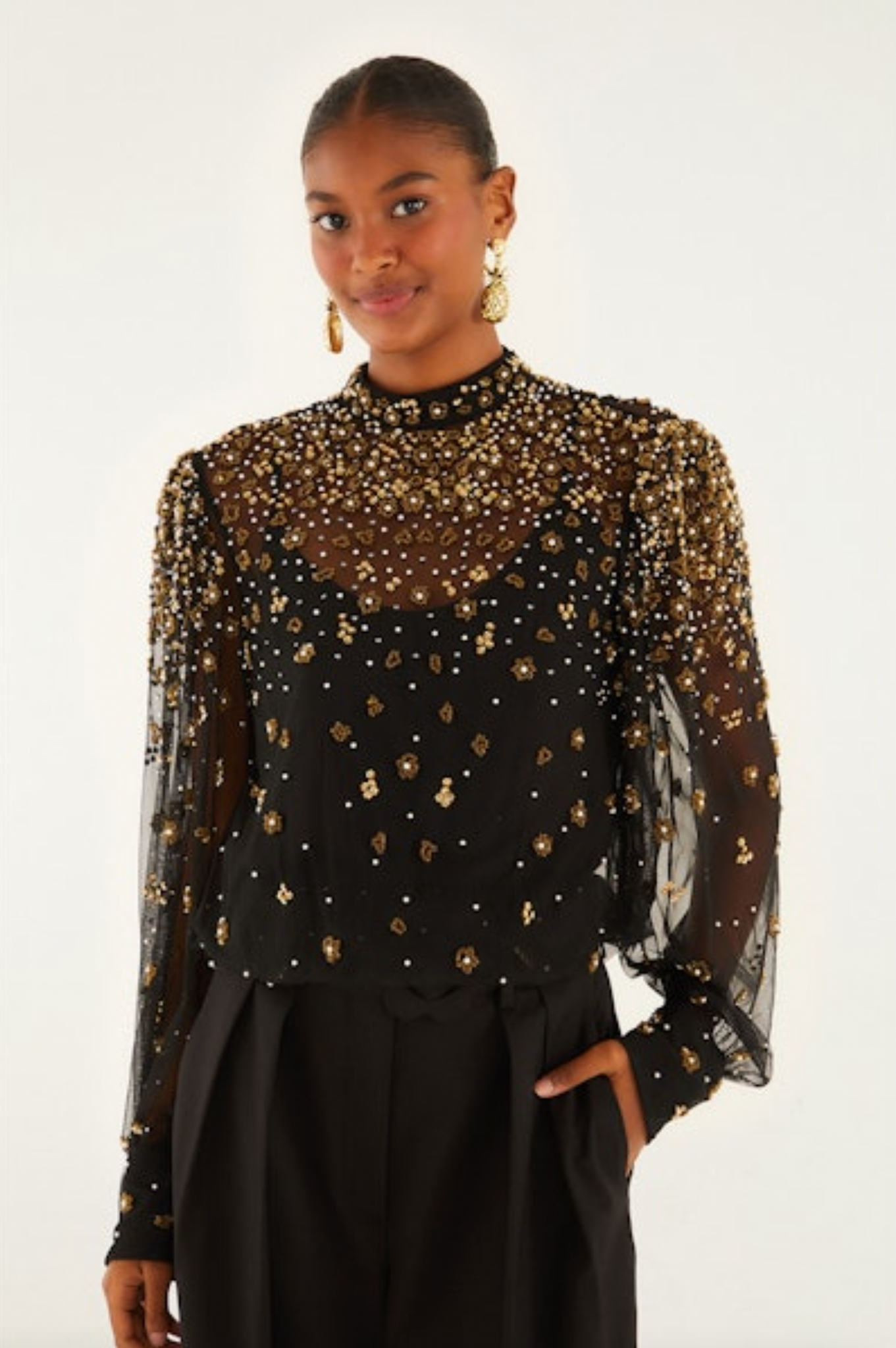 Embroidered Bubble Tulle Black Blouse