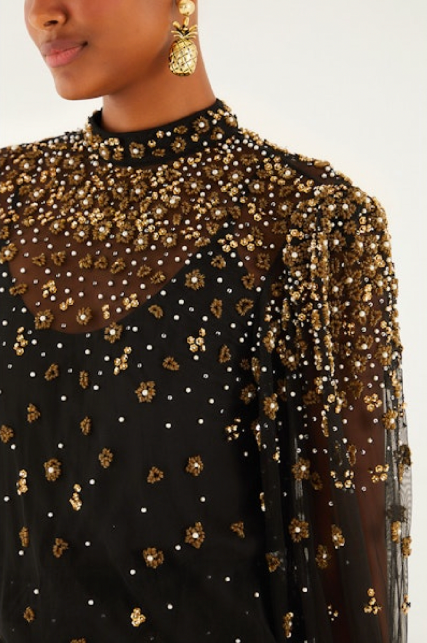 Embroidered Bubble Tulle Black Blouse