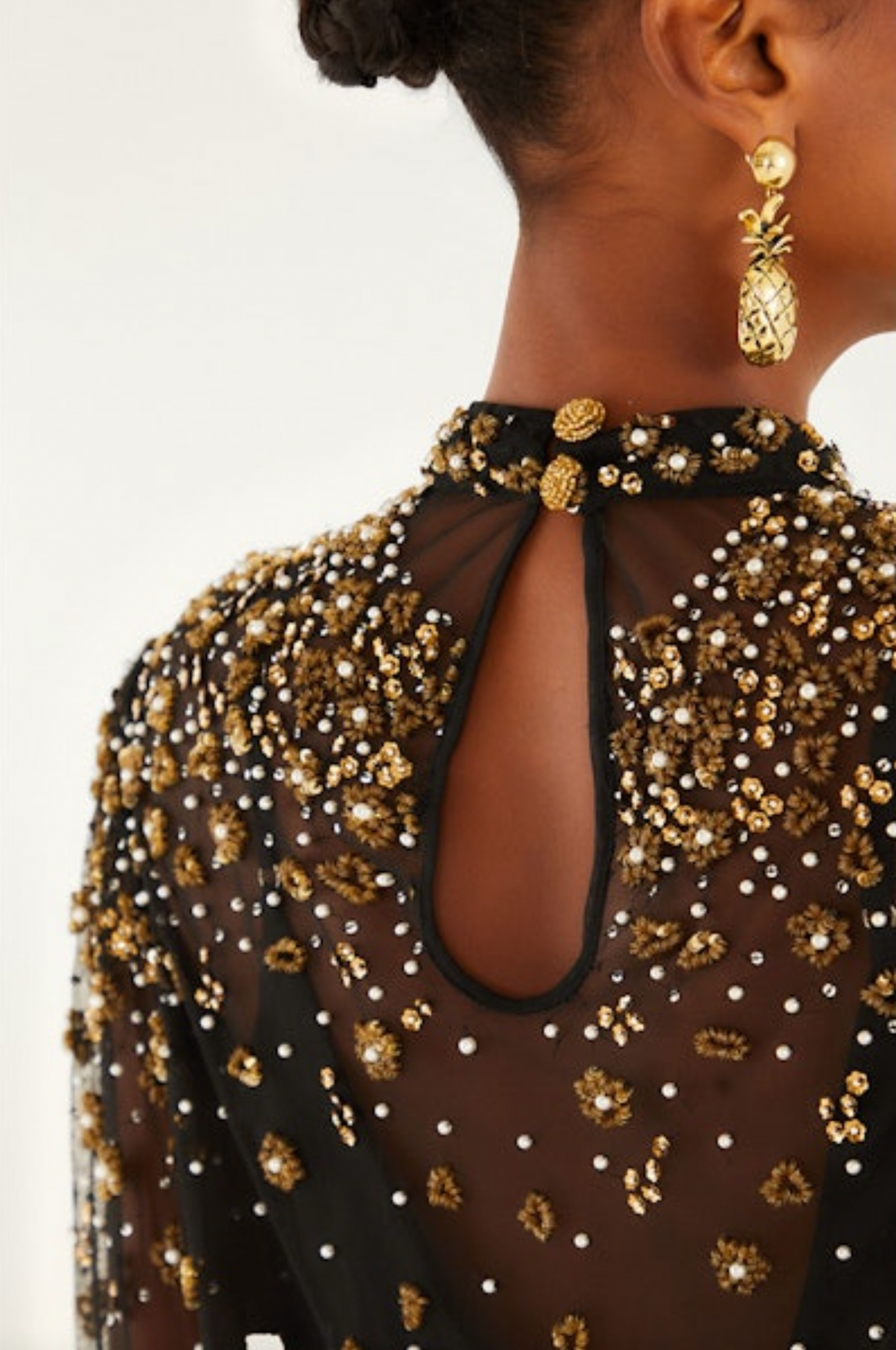 Embroidered Bubble Tulle Black Blouse