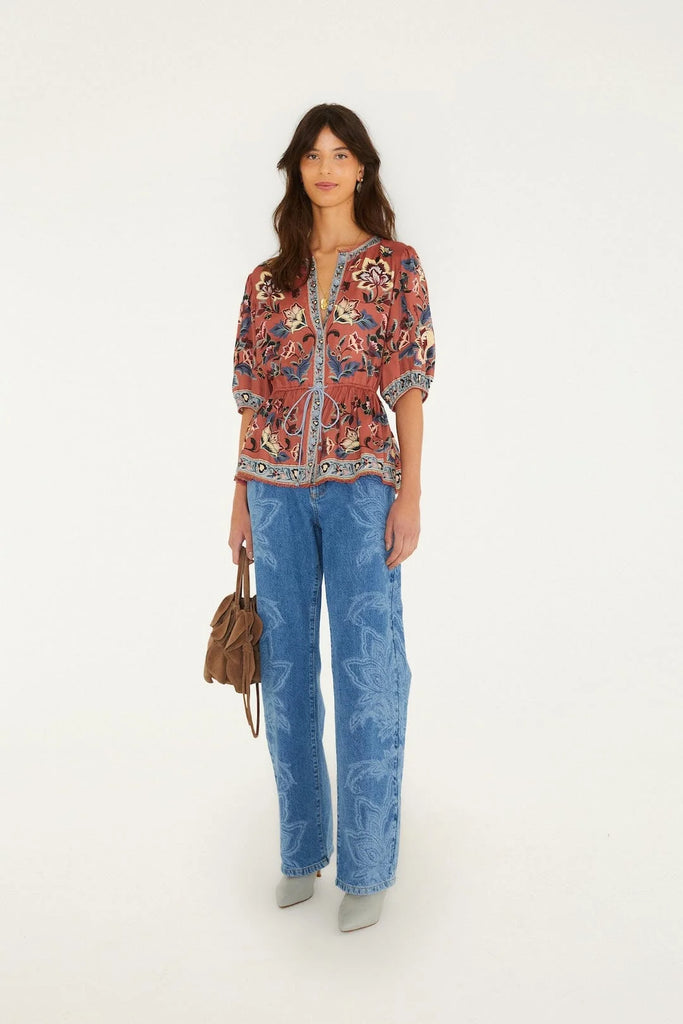 Floral Beauty Tapestry Drawstring Blouse