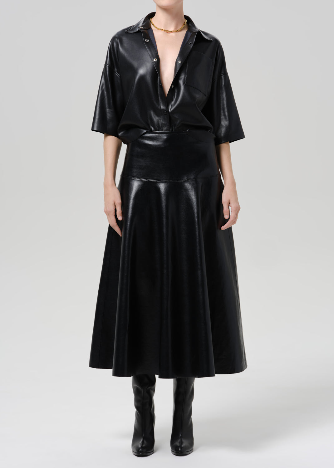 Frances Cropped Cape Recycled Leather Button Up in Black