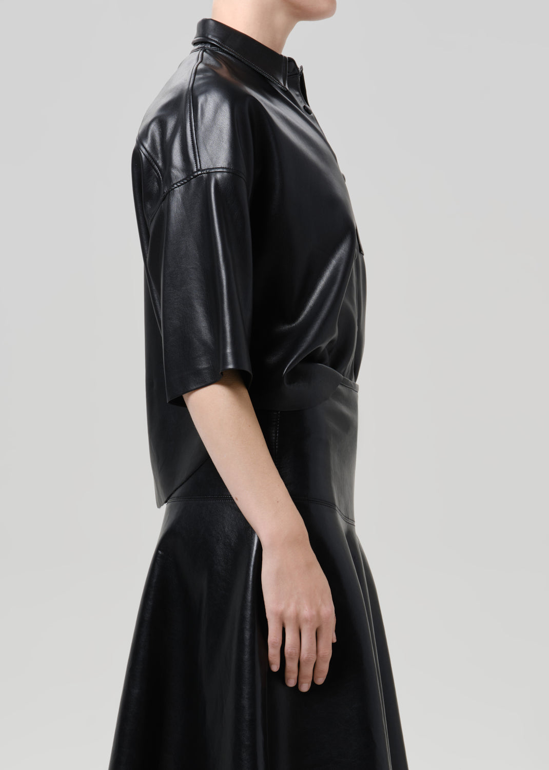 Frances Cropped Cape Recycled Leather Button Up in Black