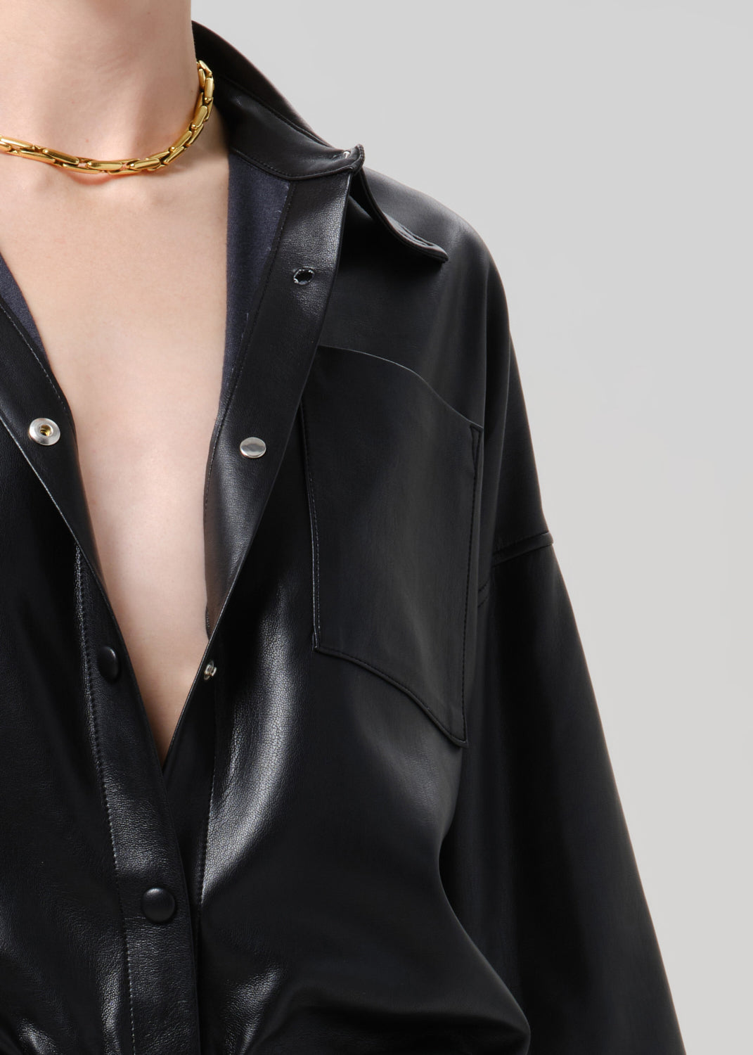 Frances Cropped Cape Recycled Leather Button Up in Black