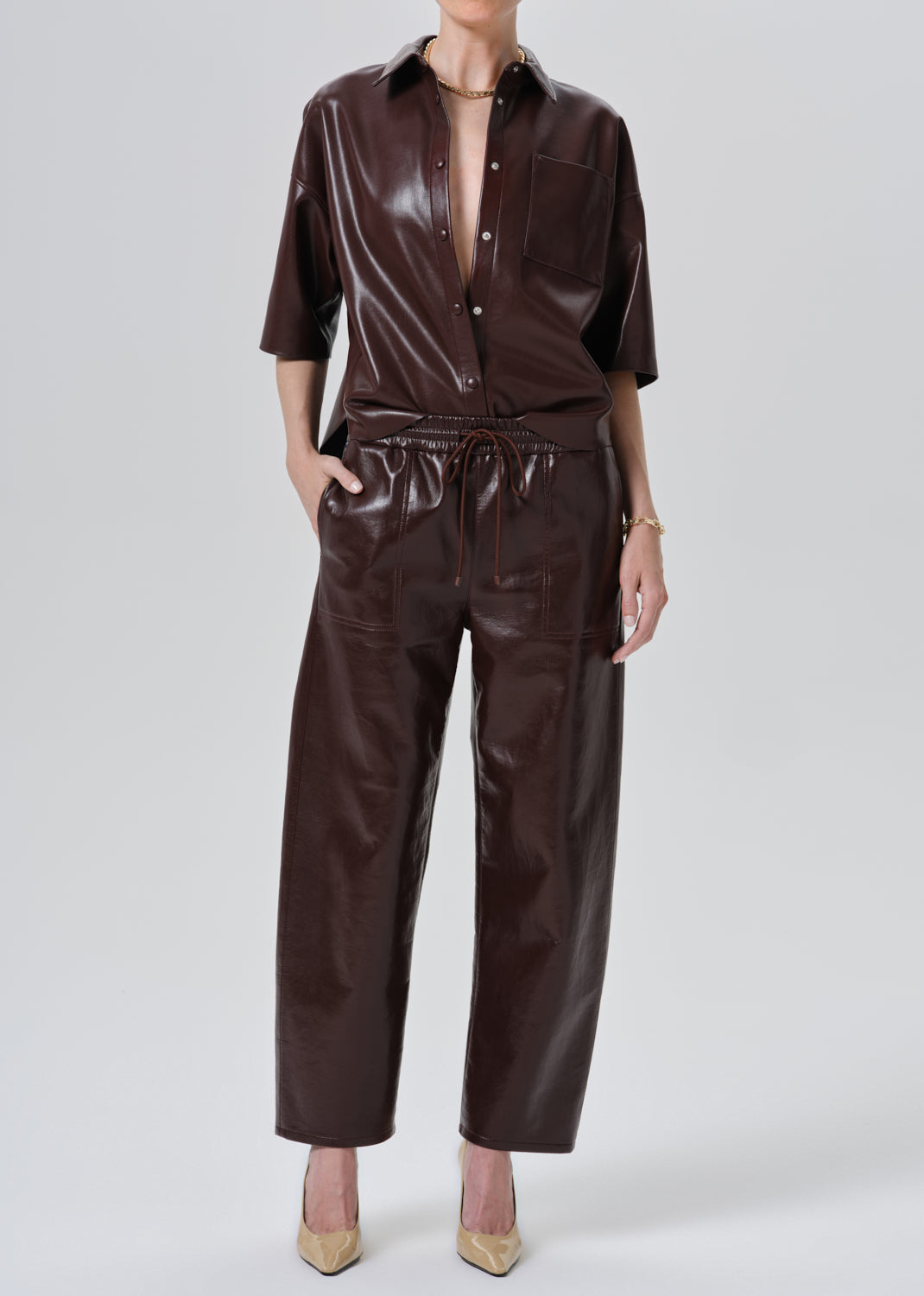 Frances Cropped Cape Recycled Leather Button Up in Burgundy