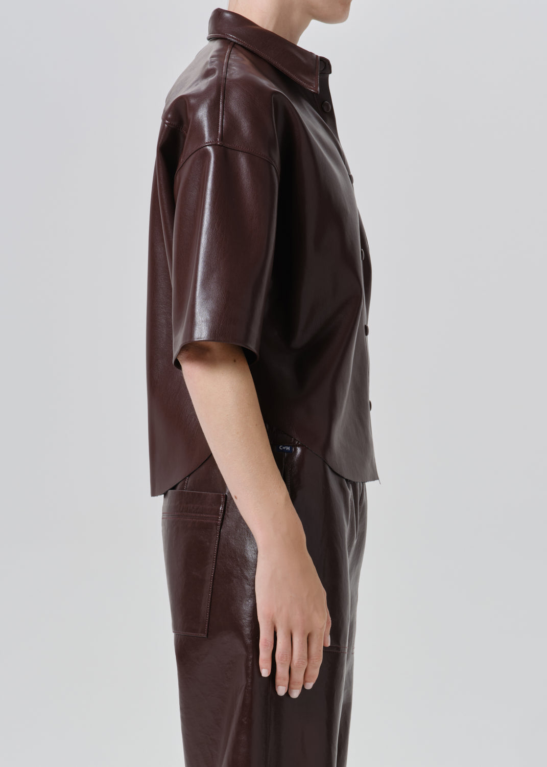 Frances Cropped Cape Recycled Leather Button Up in Burgundy