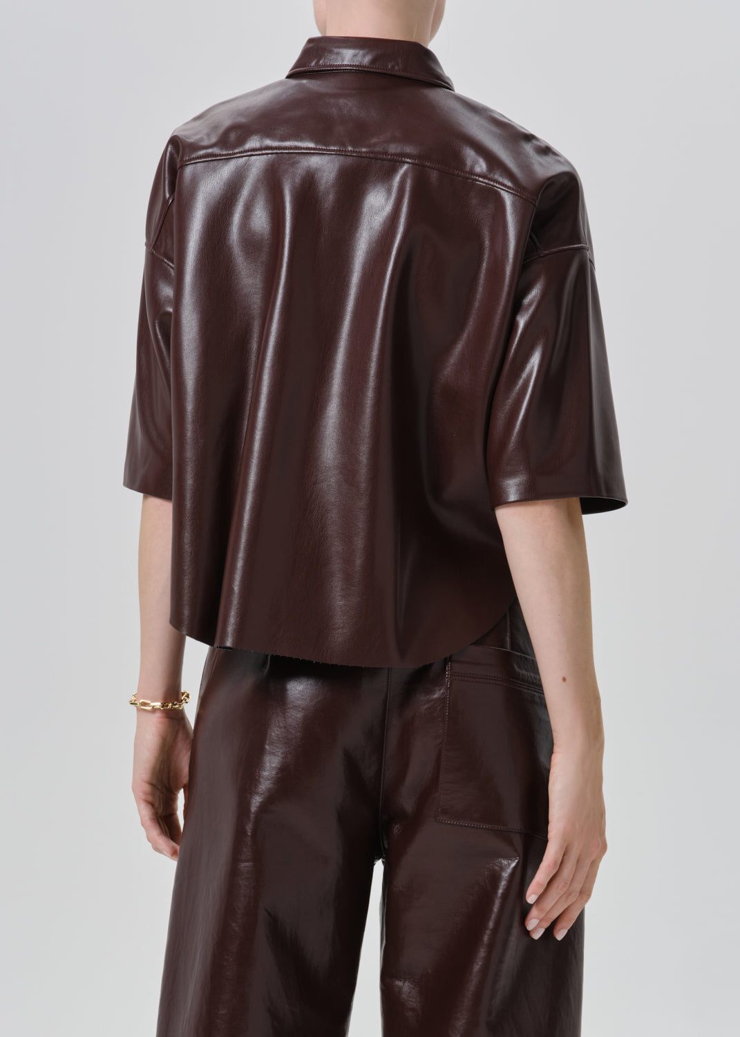 Frances Cropped Cape Recycled Leather Button Up in Burgundy