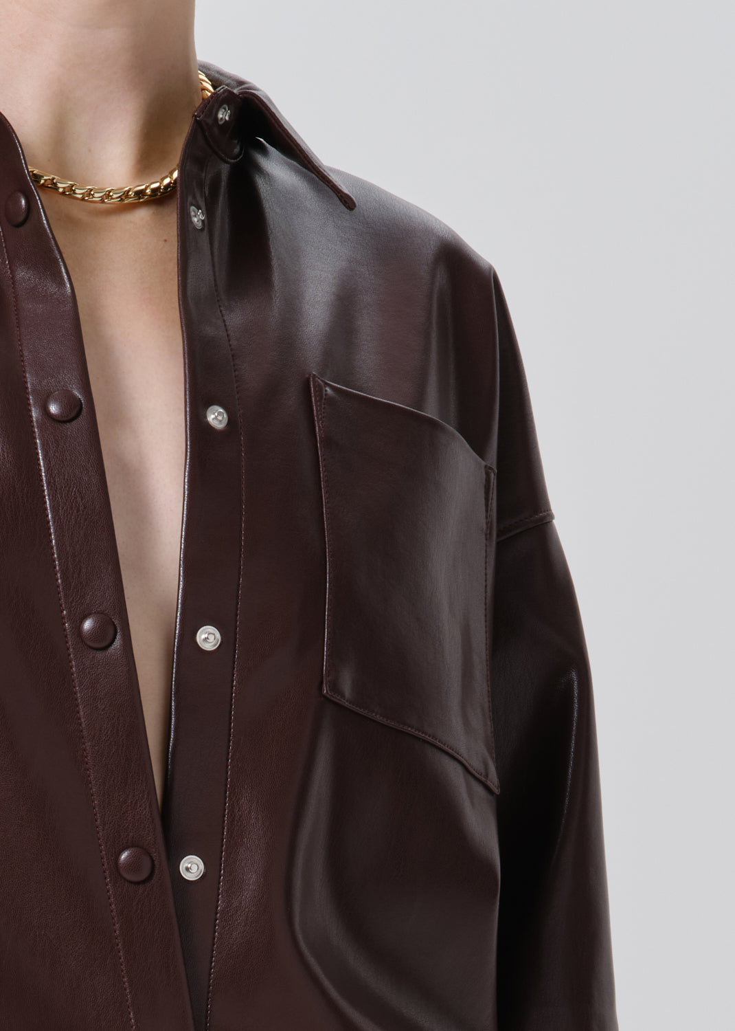 Frances Cropped Cape Recycled Leather Button Up in Burgundy