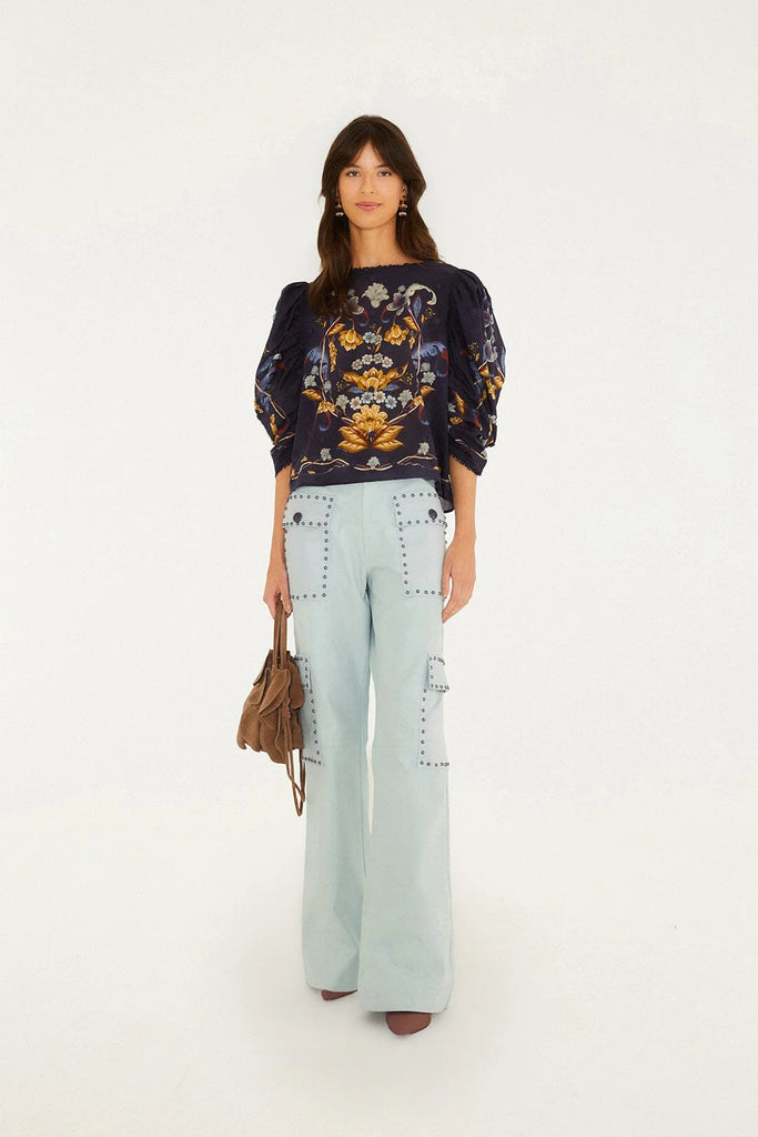 Golden Nature 3D Flower Puff Sleeve Blouse