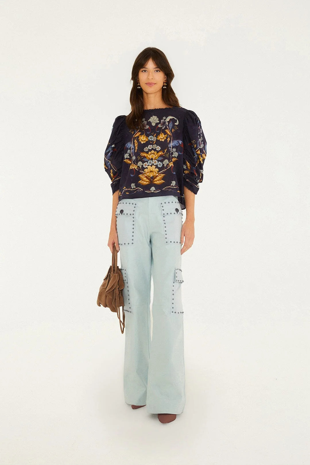 Golden Nature 3D Flower Puff Sleeve Blouse