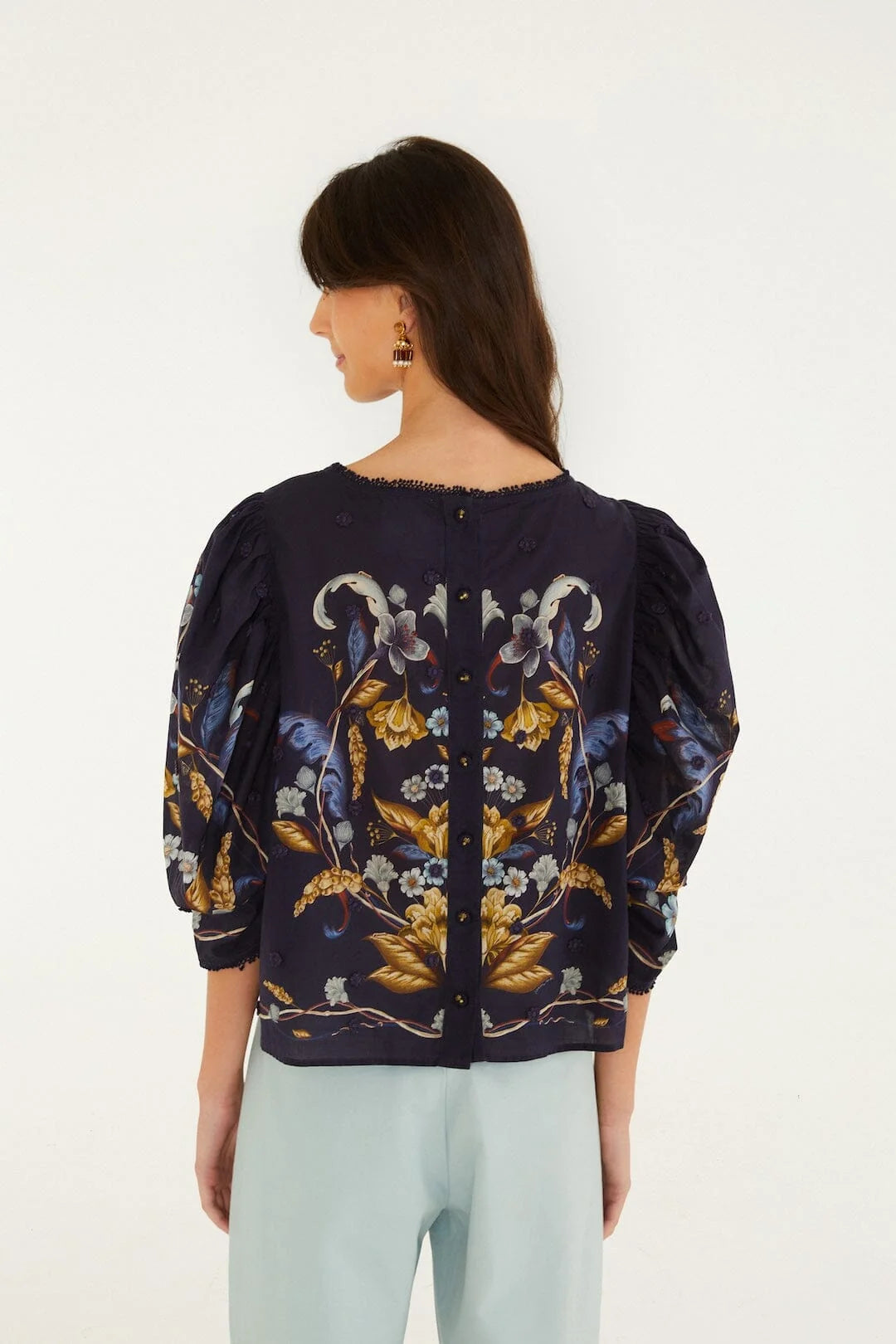 Golden Nature 3D Flower Puff Sleeve Blouse