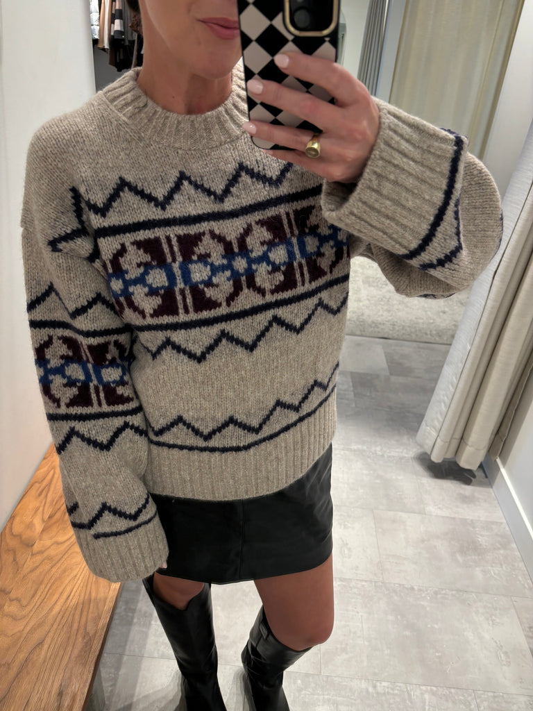 Plush Alpaca Blend Fair Isle Crewneck in Oat Combo