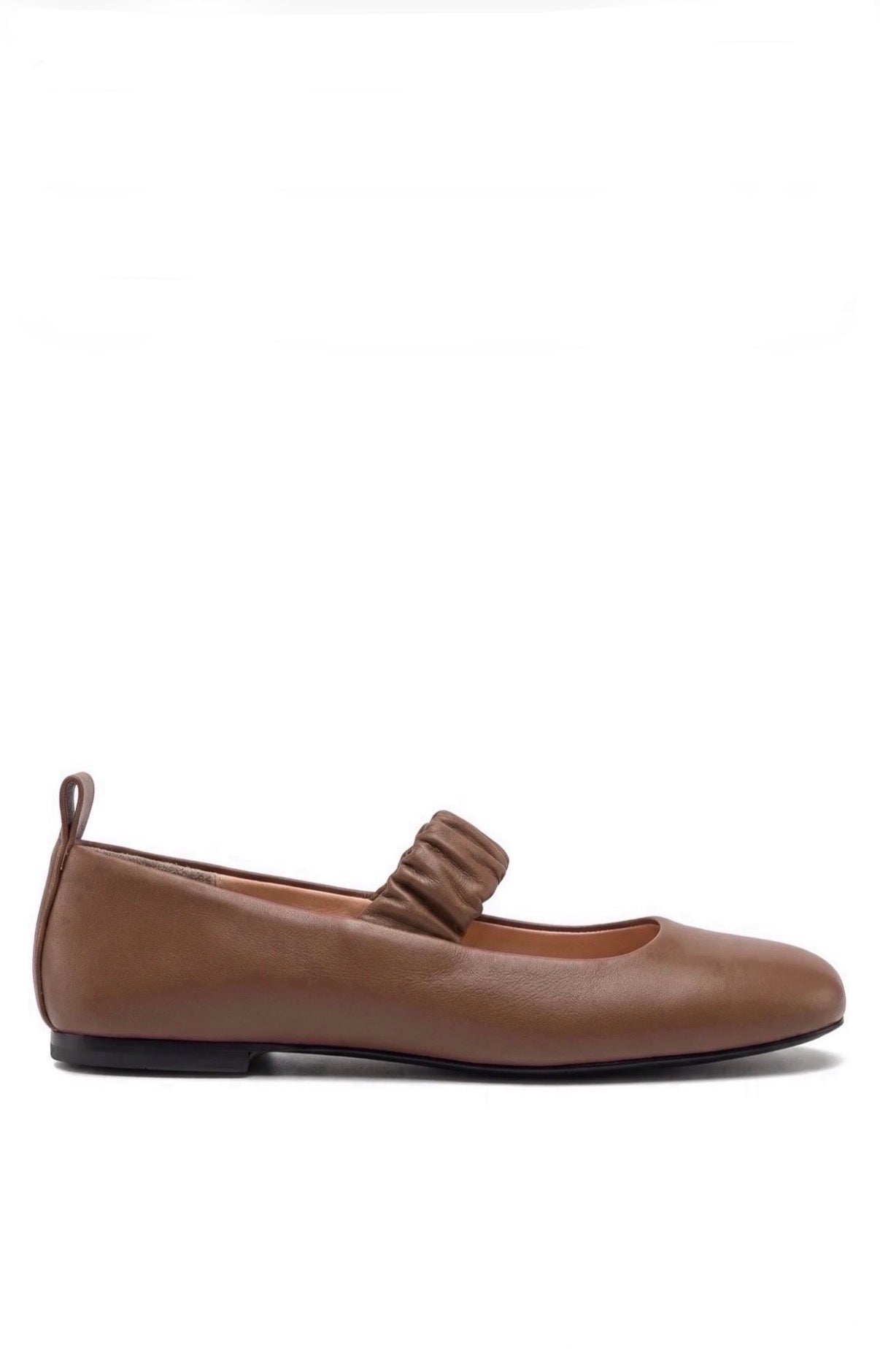 Grey Leather Mary Jane Flat in Cognac