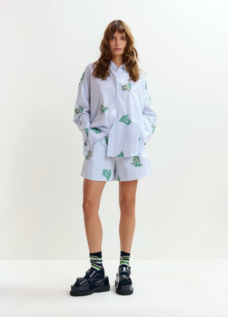 Jalinki Embroidered Shirt in Light Blue Pinstipes and Embroidered Details