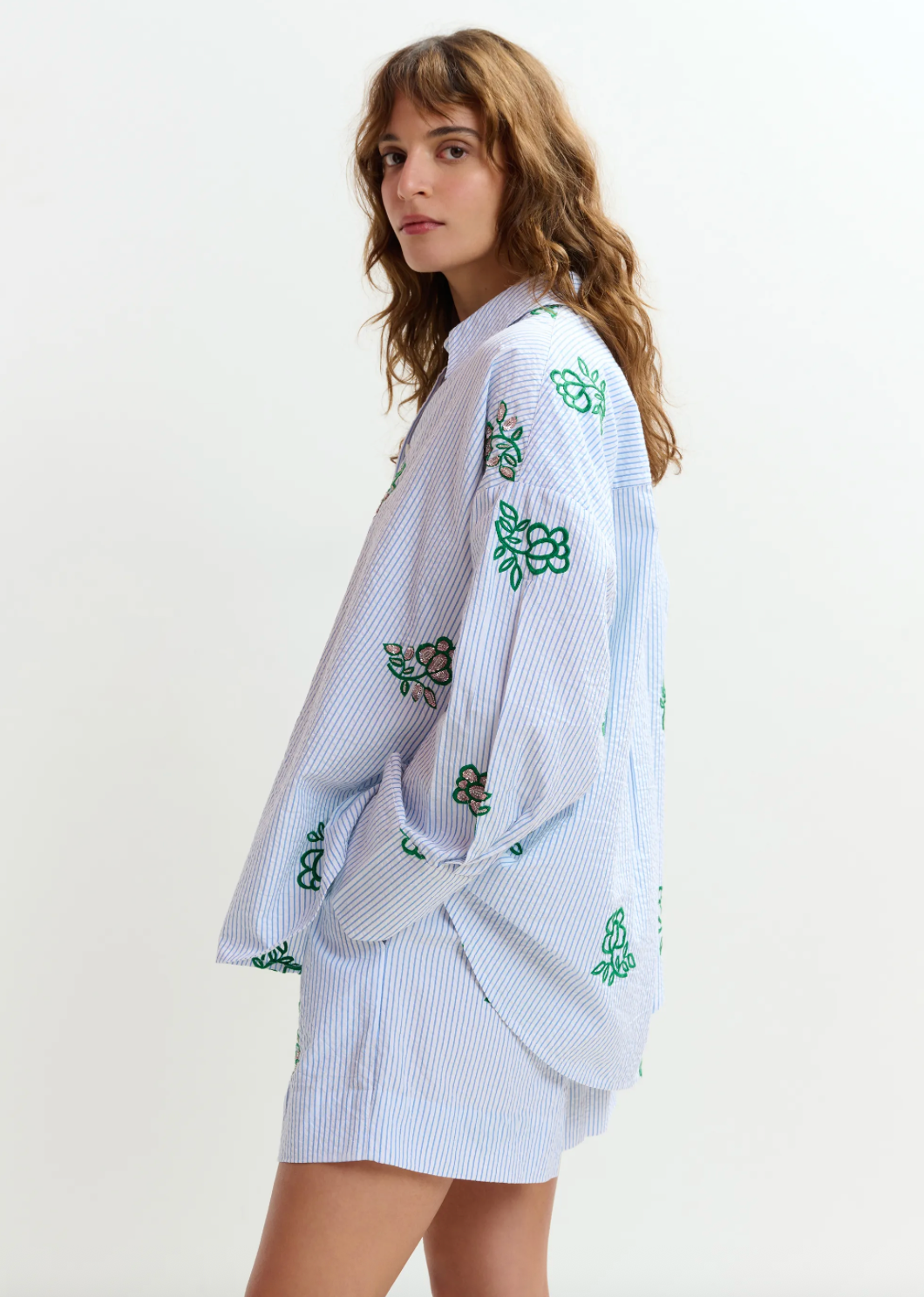 Jalinki Embroidered Shirt in Light Blue Pinstipes and Embroidered Details