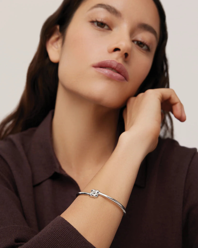 Slim Woven Square Bangle in Silver