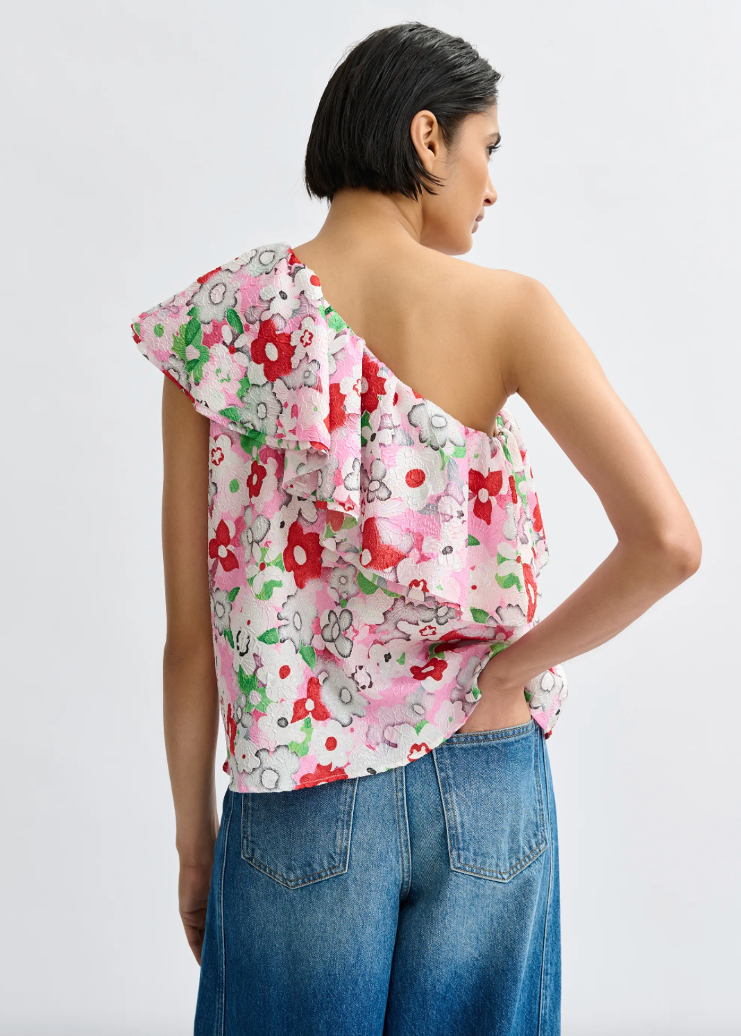 Jiland Asymmetric Ruffle Top in Off-White and Multicolor