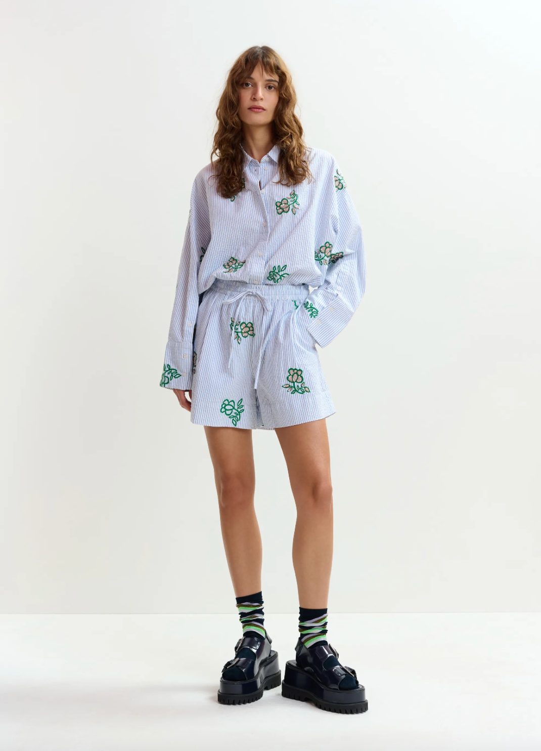 Juste Embroidered Mini Shorts in Light Blue Pinstipes and Embroidered Details