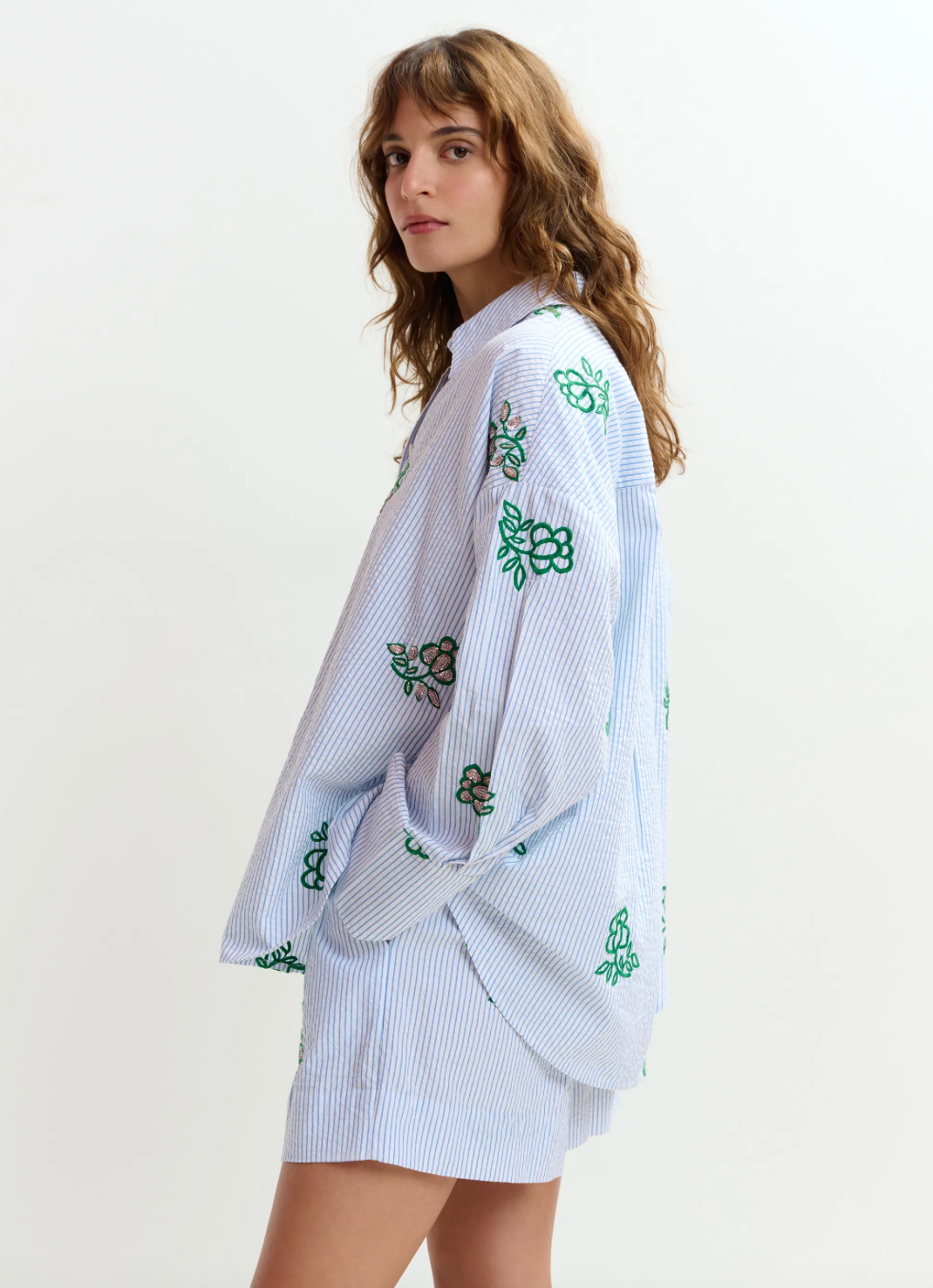 Juste Embroidered Mini Shorts in Light Blue Pinstipes and Embroidered Details