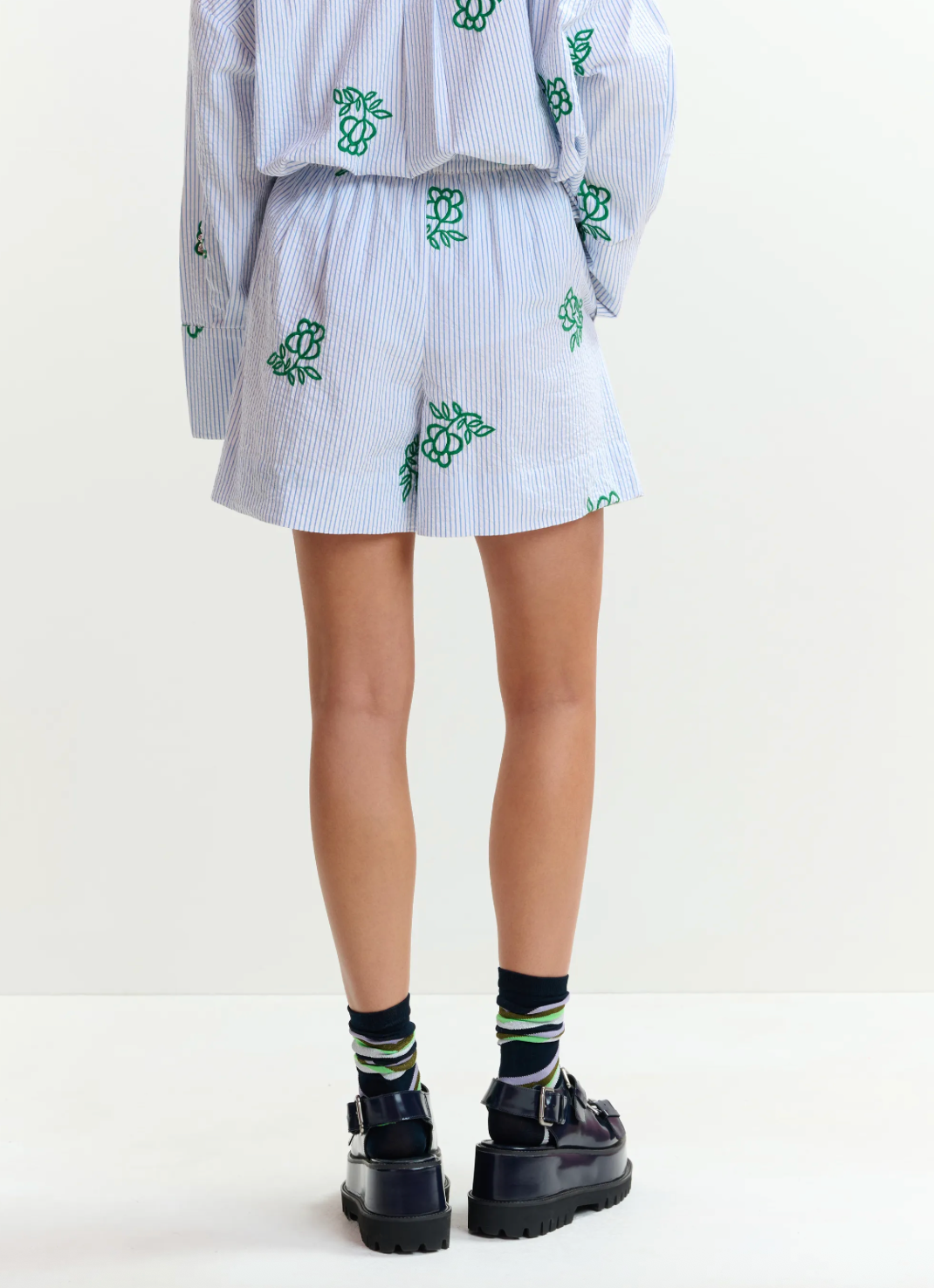 Juste Embroidered Mini Shorts in Light Blue Pinstipes and Embroidered Details