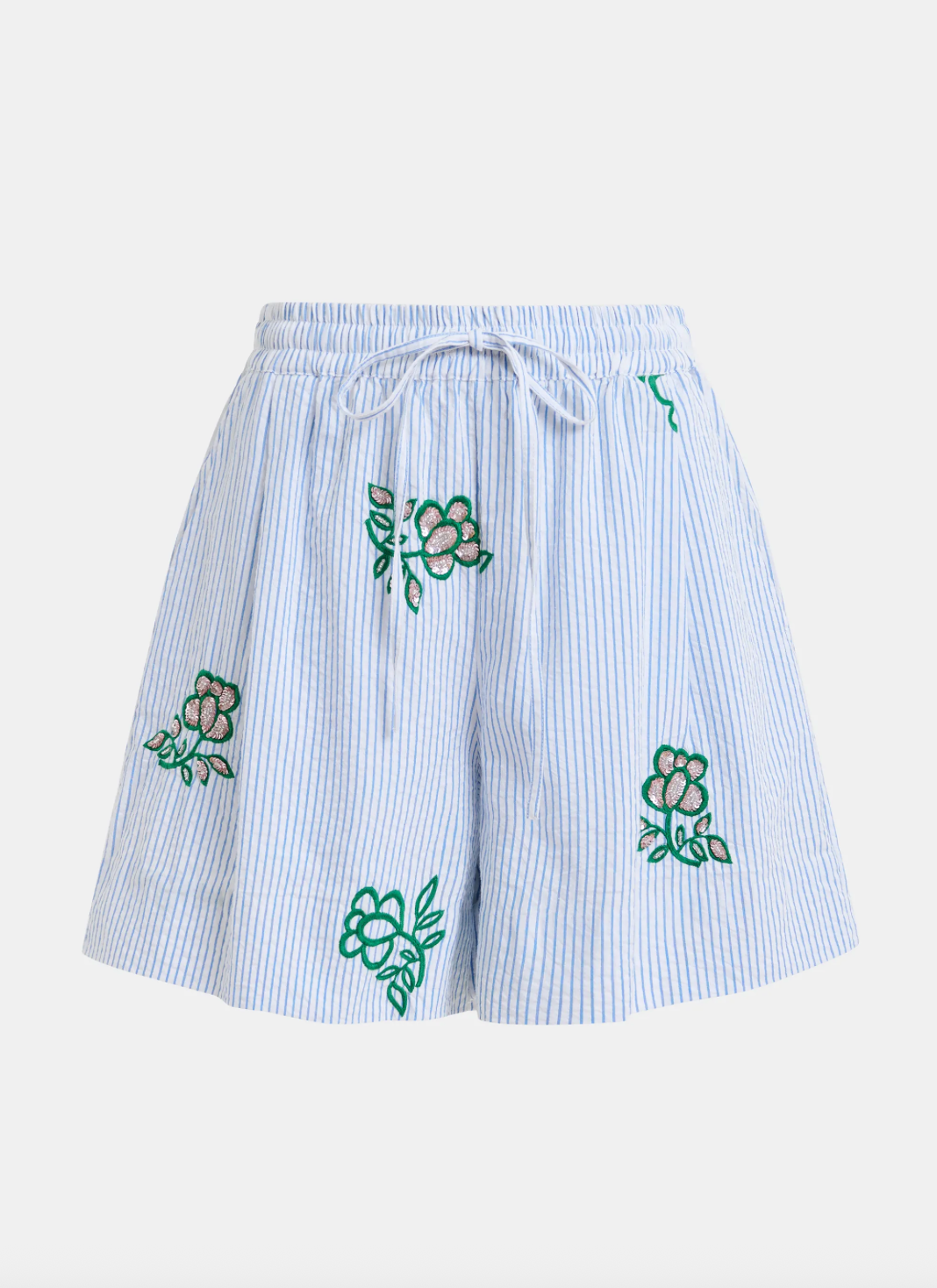 Juste Embroidered Mini Shorts in Light Blue Pinstipes and Embroidered Details