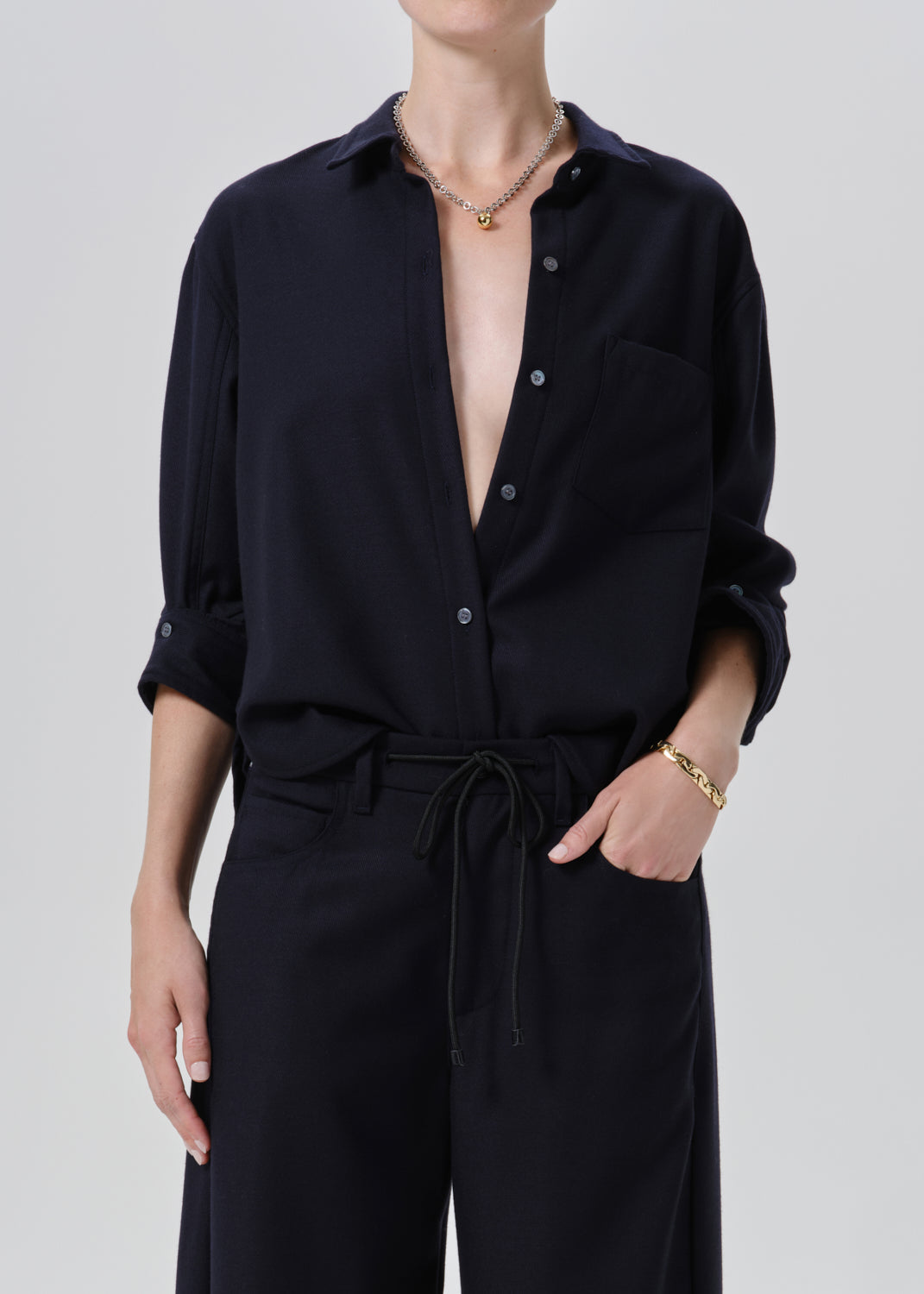 Kayla Shrunken Italian Virgin Wool Shirt in Navy