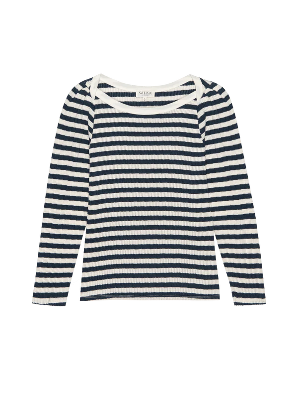 Amelie Top in Navy and White Pointelle Stripe