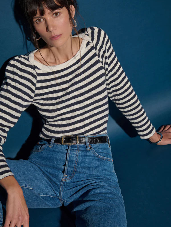 Amelie Top in Navy and White Pointelle Stripe