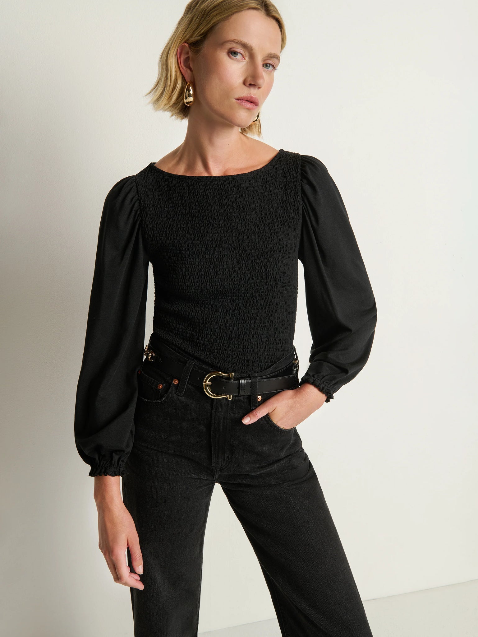 Aidan Smocked Top in Jet Black