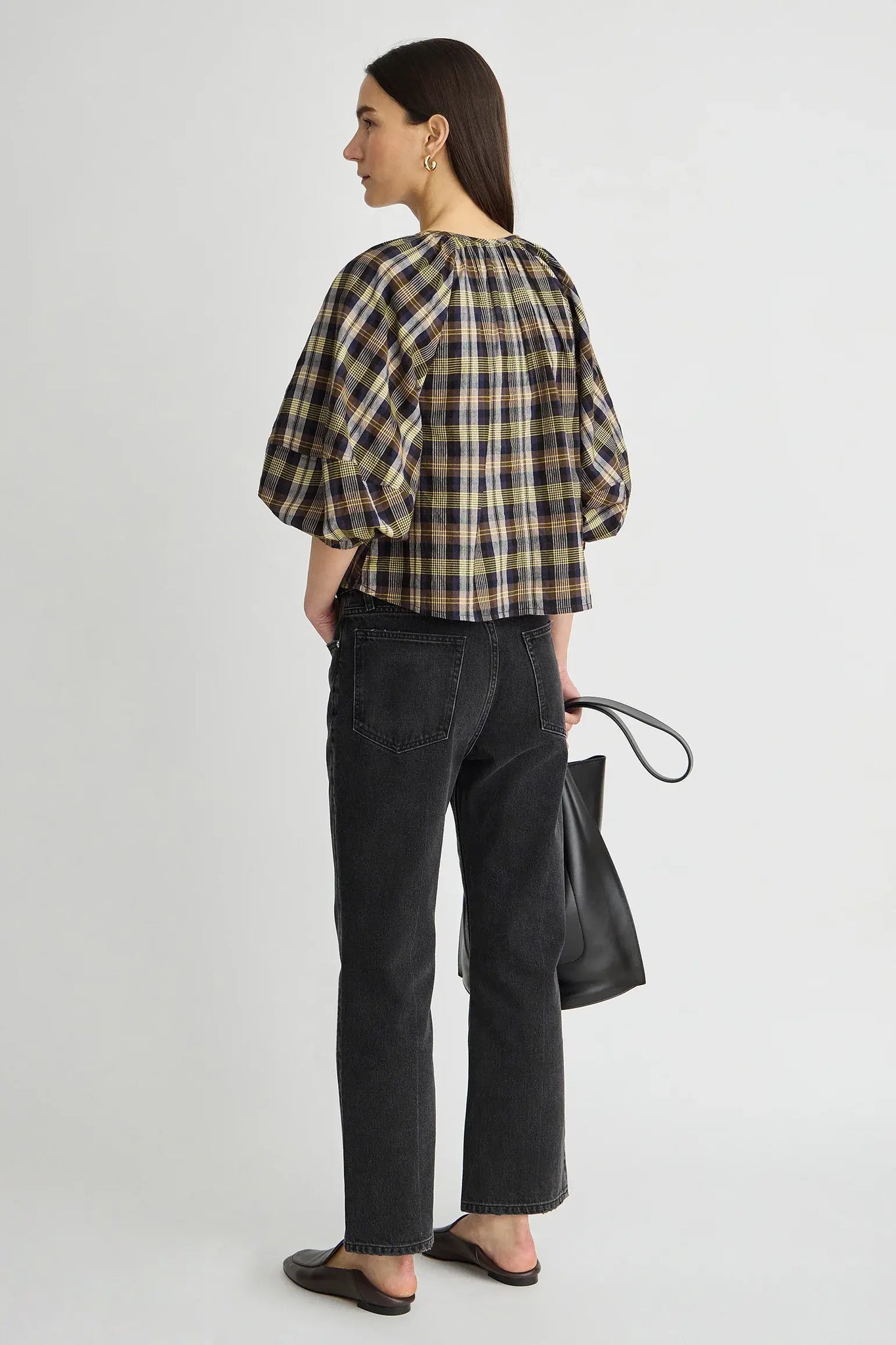 Nele Lantern Sleeve Top in Basket Weave Plaid