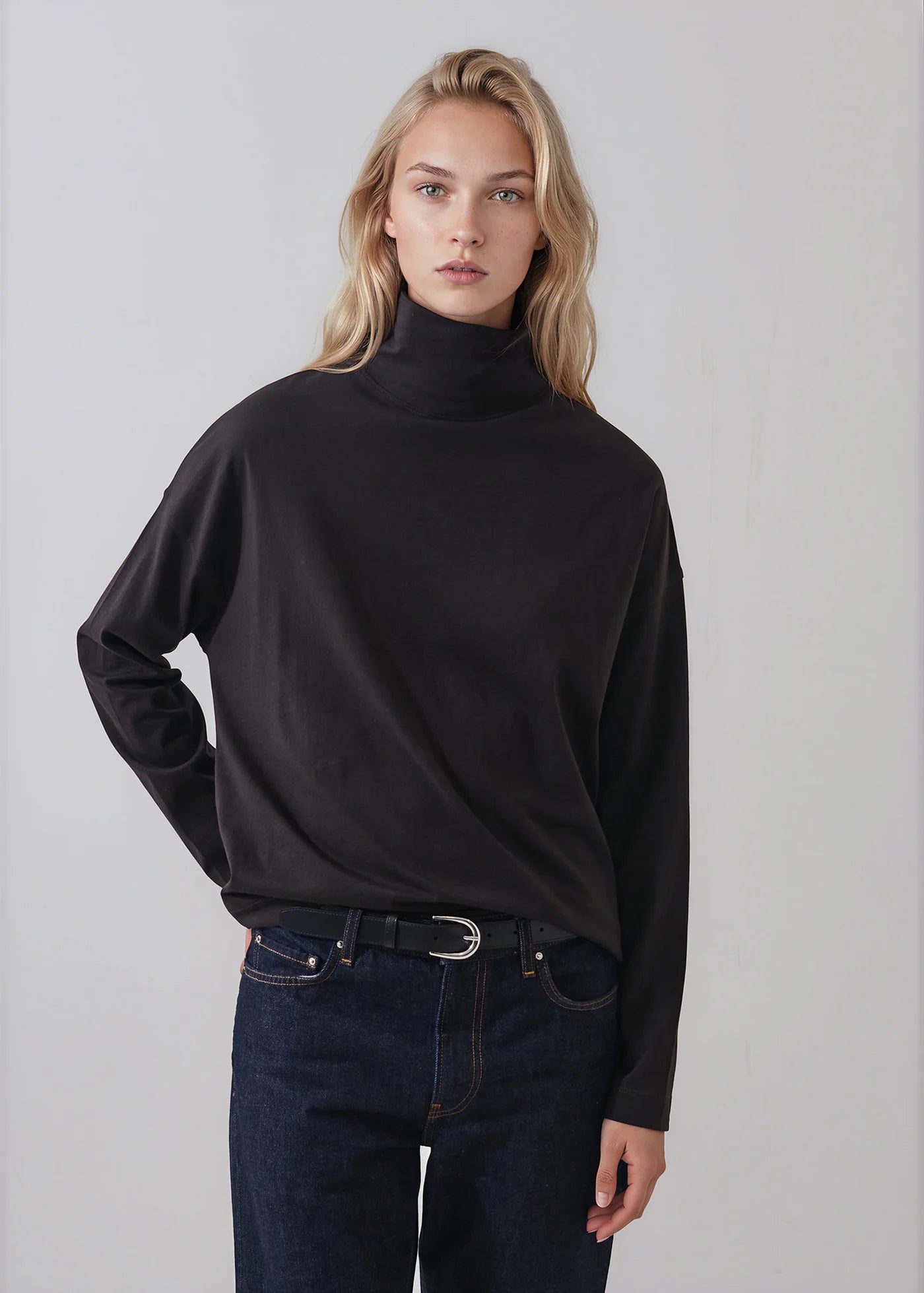 Organic Pima Cotton Oversized Turtleneck in Molasses