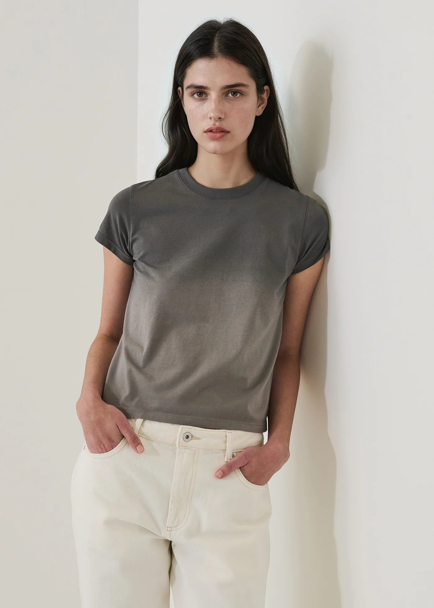 Iconic Fade Wash Crew Baby Tee in Greyscale