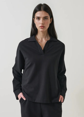 Pima Cotton French Terry Relaxed Polo in Black