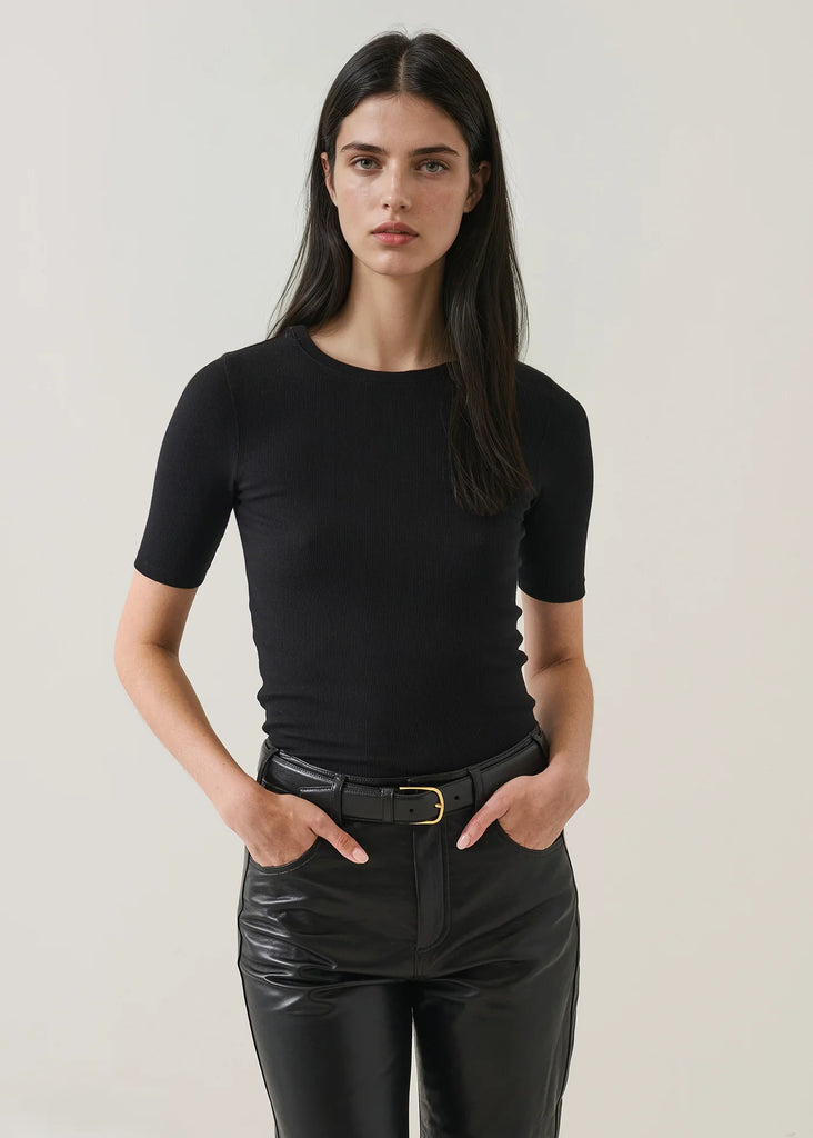 Pima Cotton Stretch Ribbed T-Shirt in Black