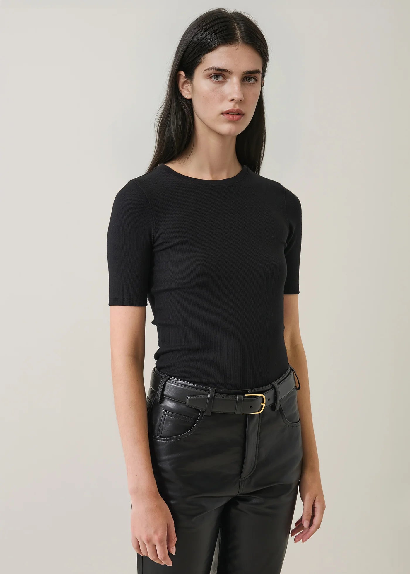 Pima Cotton Stretch Ribbed T-Shirt in Black