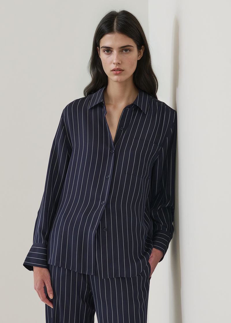 Silk Boyfriend Pocket Shirt in Navy Pinstripe