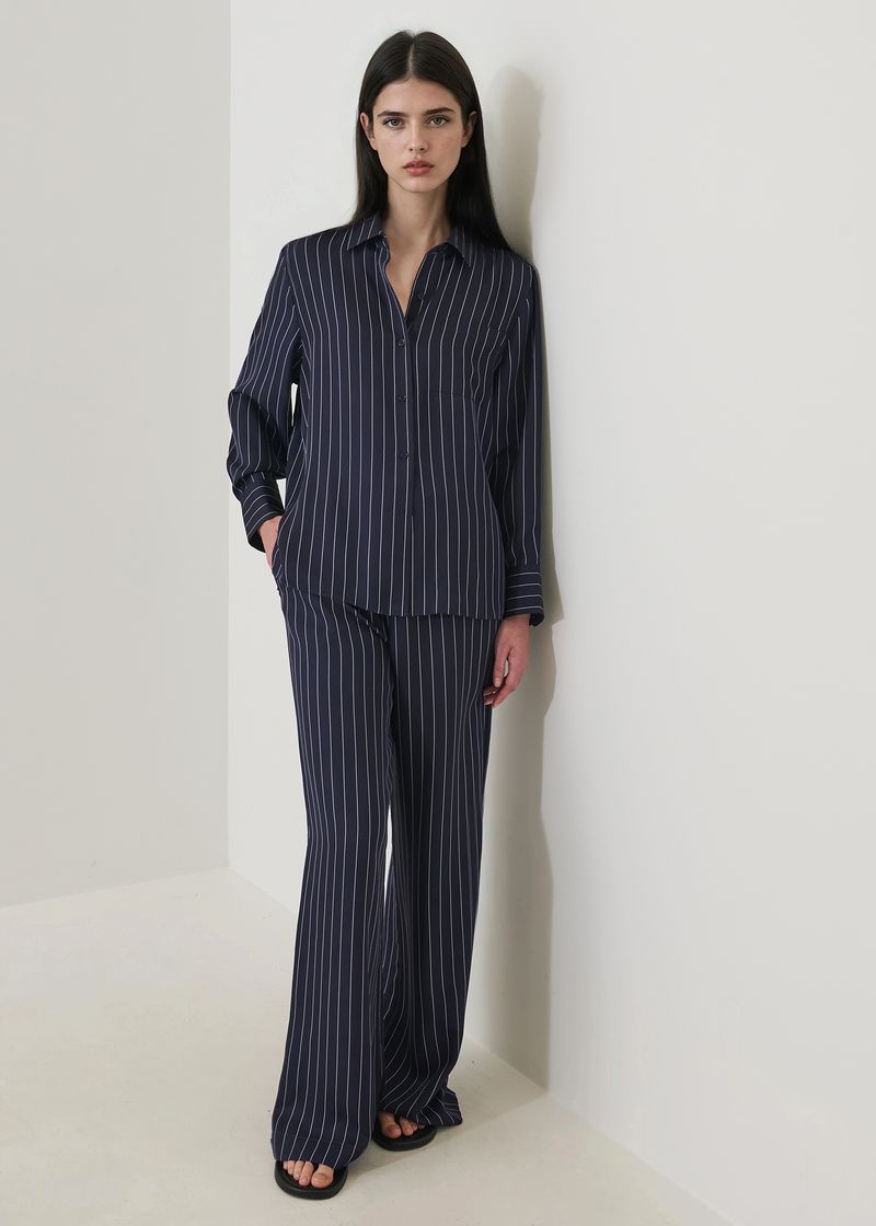 Silk Drawstring Pant in Navy Pinstripe