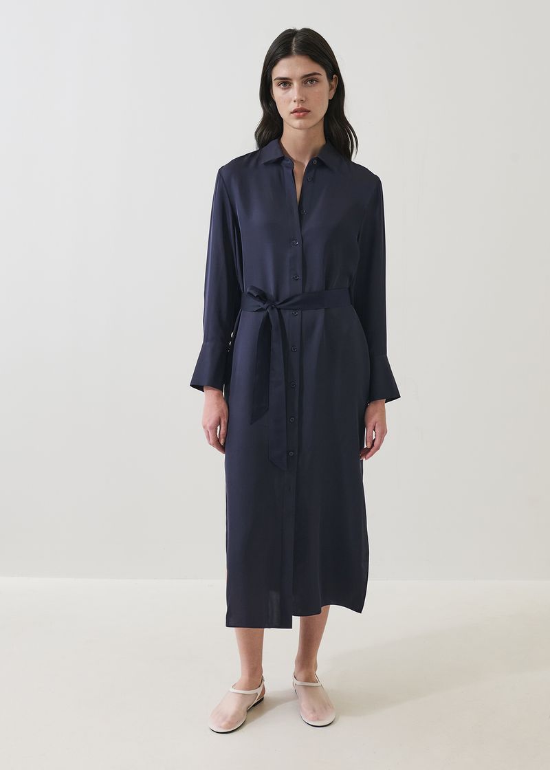 Silk Long Sleeve Shirt Dress in Dark Navy