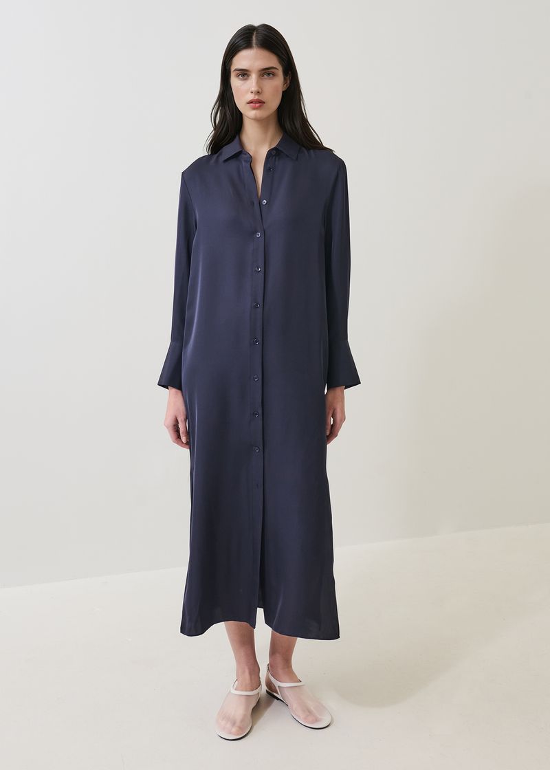 Silk Long Sleeve Shirt Dress in Dark Navy