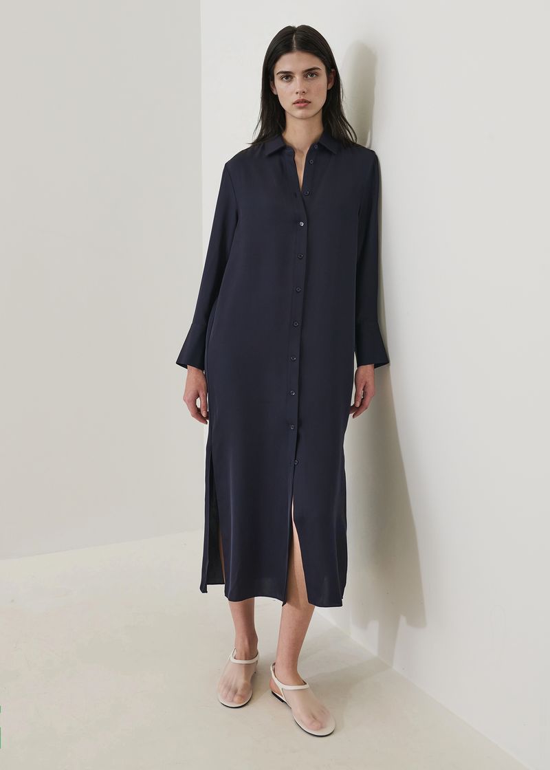 Silk Long Sleeve Shirt Dress in Dark Navy
