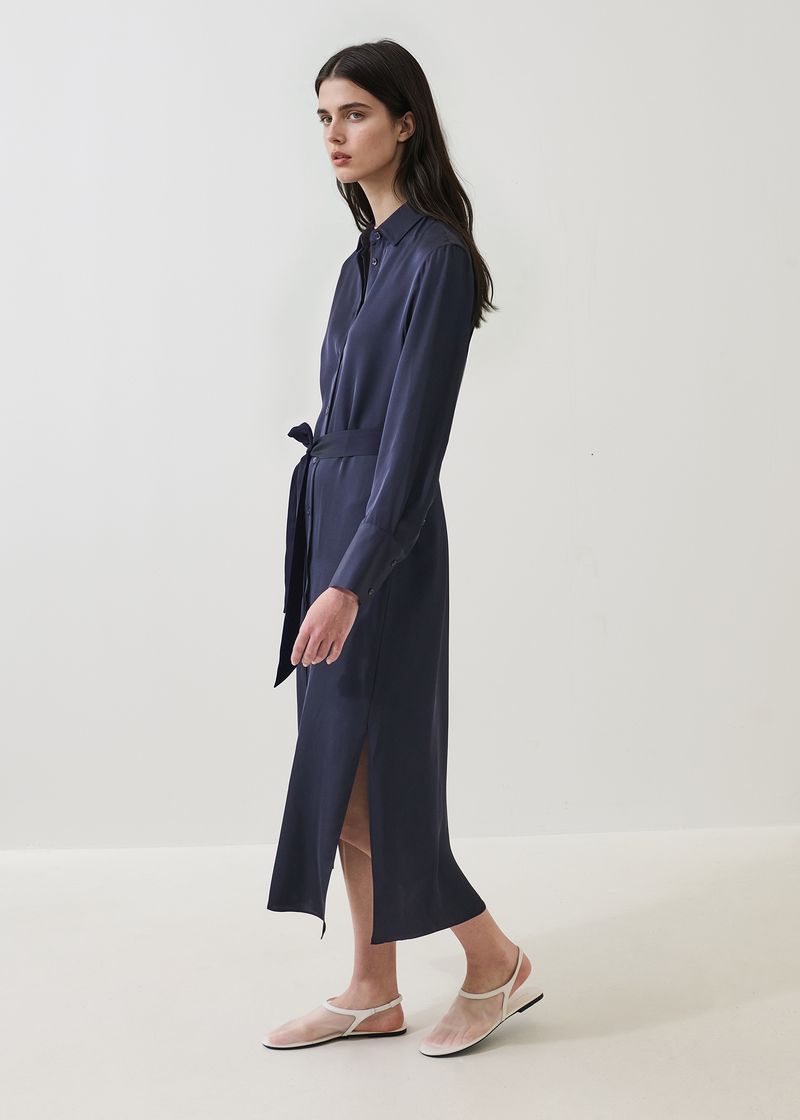 Silk Long Sleeve Shirt Dress in Dark Navy
