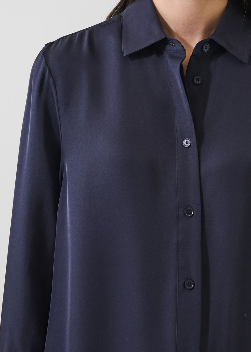 Silk Long Sleeve Shirt Dress in Dark Navy
