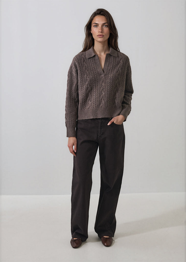 Superfine Wool Relaxed Cable Polo in Barn Owl