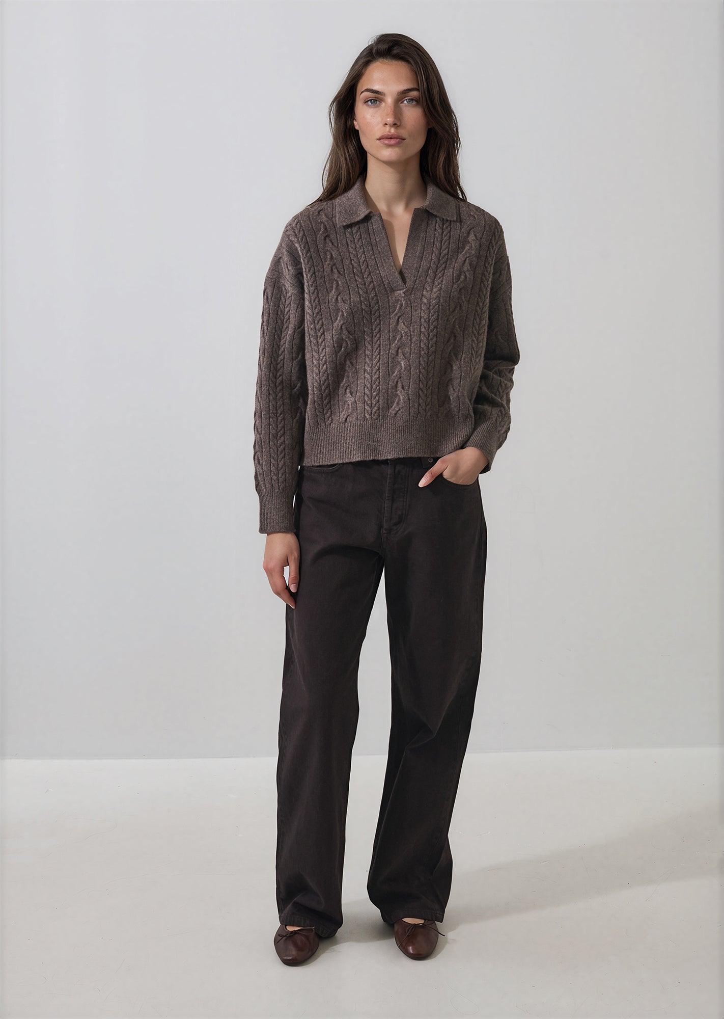 Superfine Wool Relaxed Cable Polo in Barn Owl