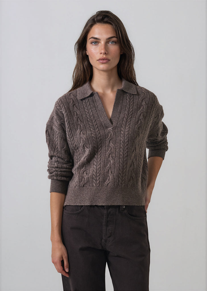 Superfine Wool Relaxed Cable Polo in Barn Owl