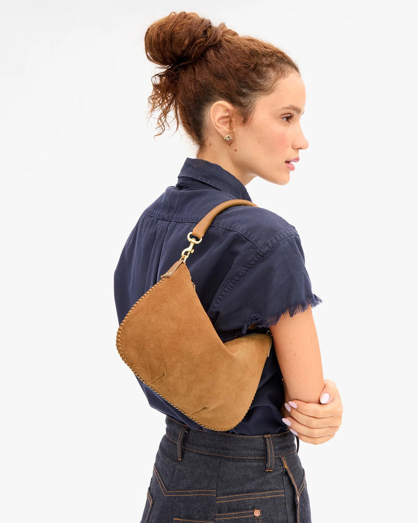 Petit Moyen Messenger in Caramel Suede w/ Whipstitch