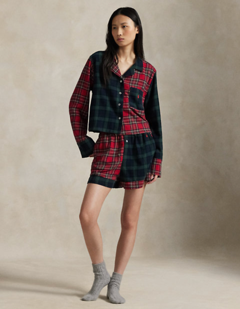 Crop Boxer Pajama Set in Black Watch/Estate