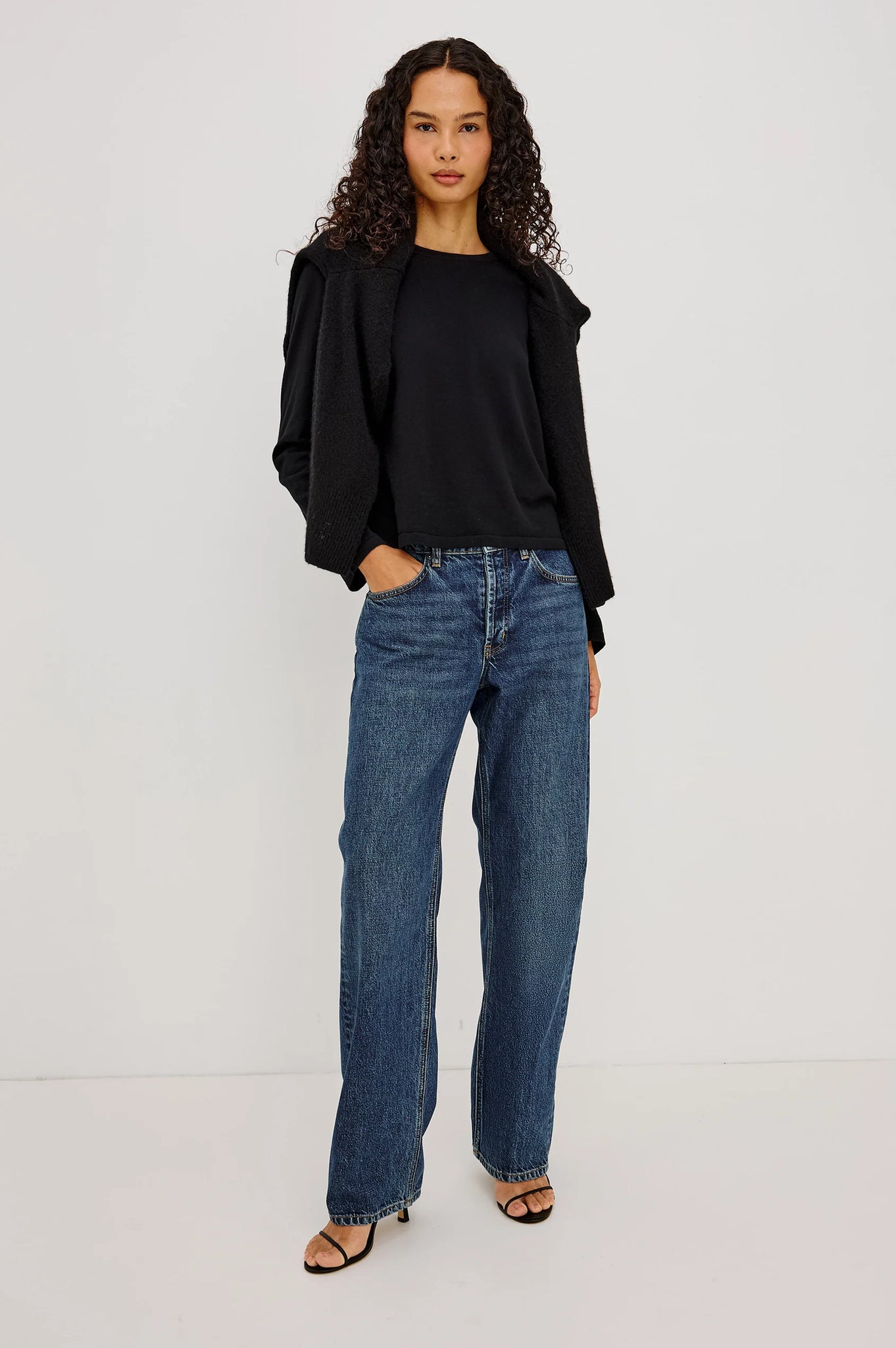 Cotton Cashmere Long Sleeve T-Shirt in Black